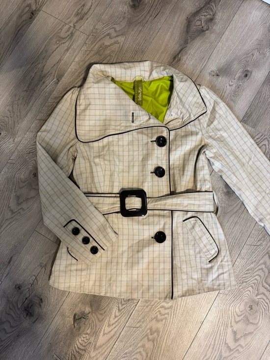Soia & Kyo Jackets & Blazers - Soia & Kyo Cream Plaid Trench Coat with Black Trim